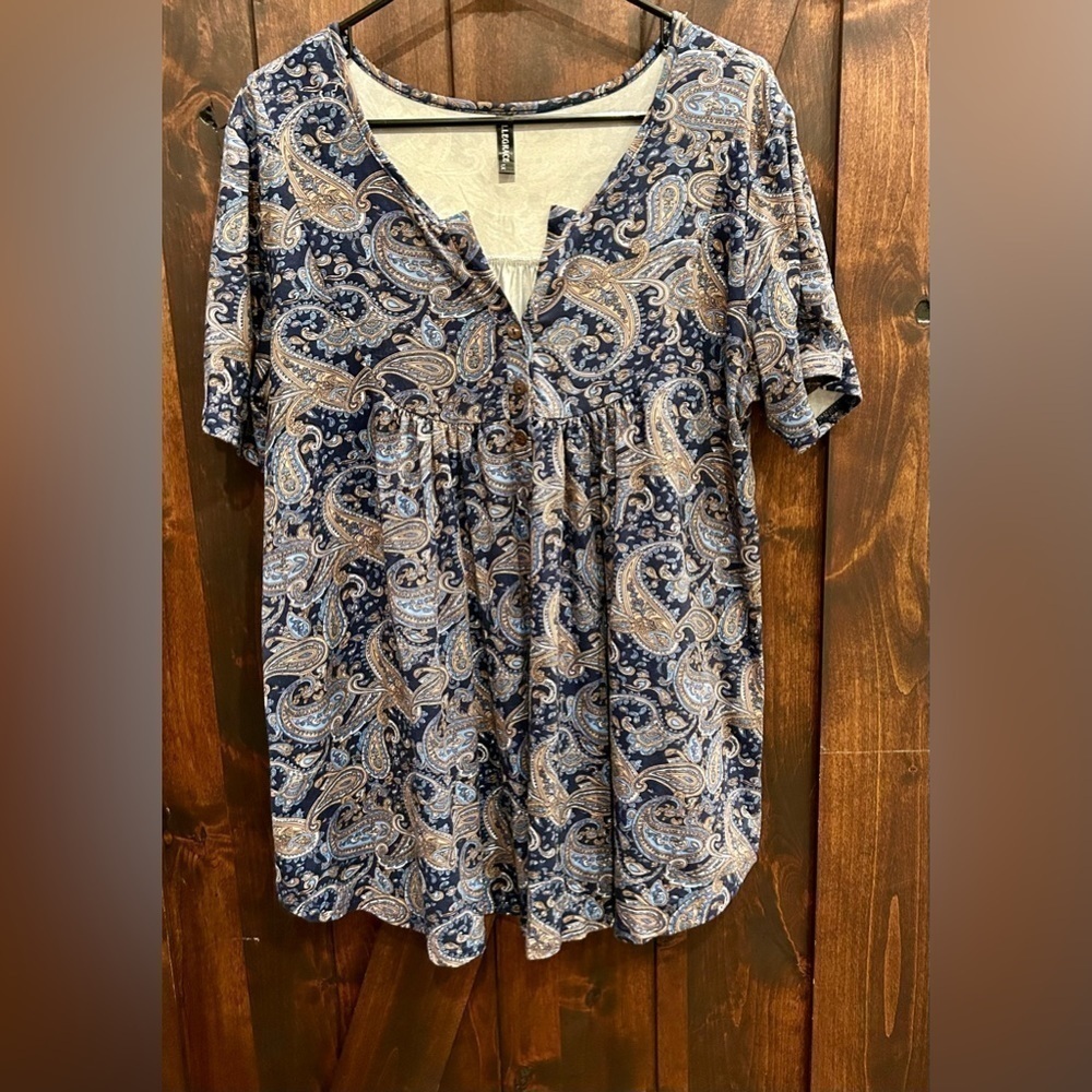 Allegrace Women's Plus Size Paisley Blouses Henley V Neck Button Up Short Sleeve